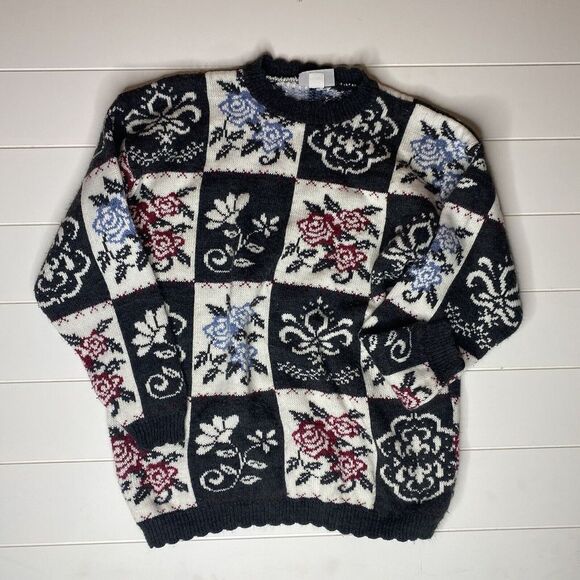 Vintage‎ Dana Scott Sweater Womens Floral 90s Cottage Fall Preppy Fleur De Lis - Picture 1 of 13